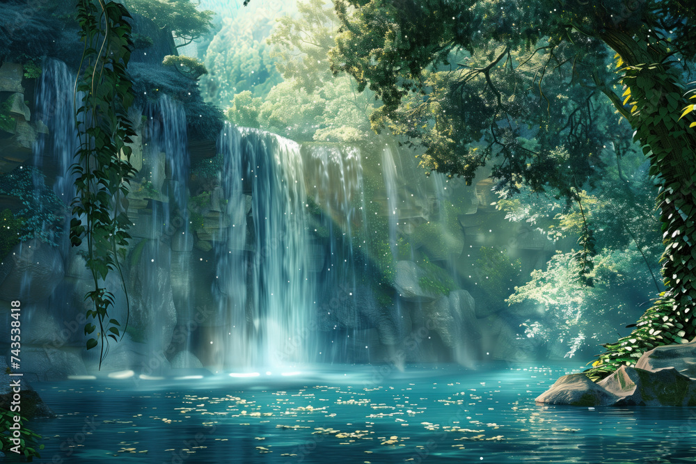 Poster waterfall in the forest. water is the source of life. a slide background for showcasing the importan