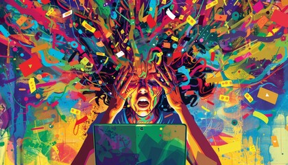 An illustration depicting tech frustration and burnout, symbolized by a person experiencing information overload and a migraine headache