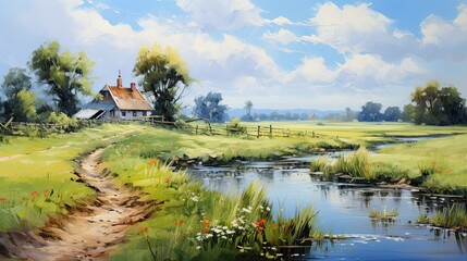 Fototapeta na wymiar Beautiful Oil Paintings of Rural Landscapes - Village, River, and Nature Illustration