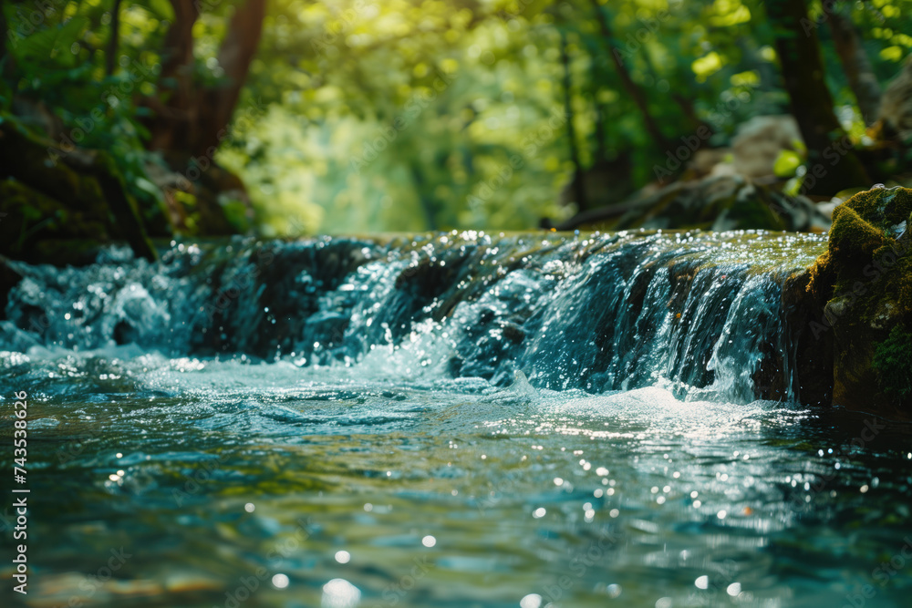 Poster waterfall in the forest. water is the source of life. a slide background for showcasing the importan