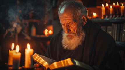 Fototapeta premium An aged bearded orthodox christian monk reading bible