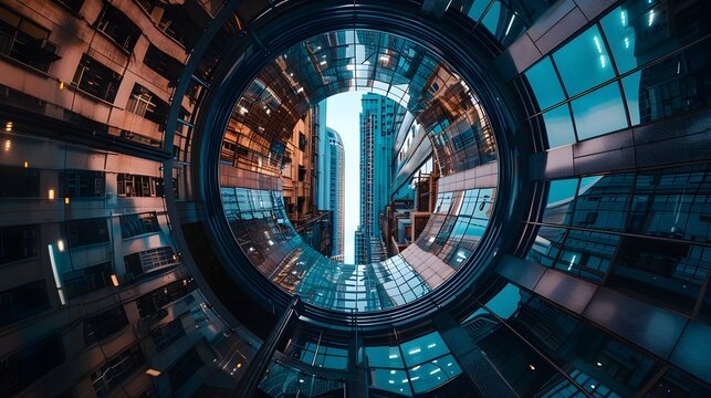 Circular View of Futuristic Glass Skyscrapers