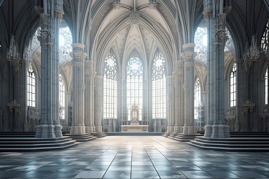 Ancient Gothic Cathedral. 3D CG Illustration of Stunning Interior Architecture with Antique Arches