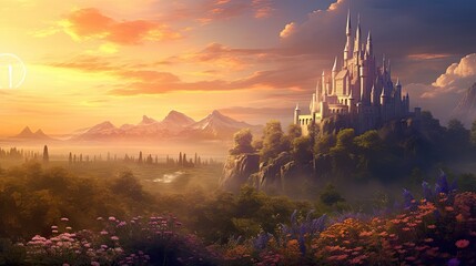 Fantastic Sunset Landscape with Castle Tower. Digital Illustration of a Dreamscape Quest for Hero - obrazy, fototapety, plakaty