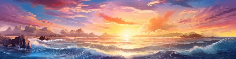 Foto op Plexiglas Fantasy Sunset Panorama with Sea and Island. Magnificent Seascape Landscape at Sunrise Over © Serhii