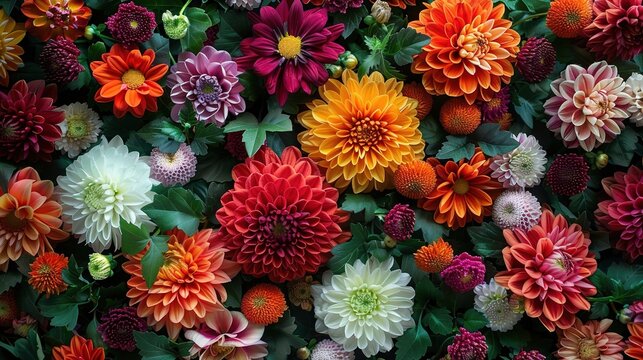 Flowers wall background with amazing red,orange,pink,purple,green and white chrysanthemum flowers
