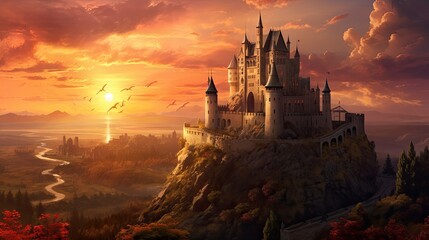 Castle Landscape at Sunset. A Digital Illustration of Fantasy Castle Tower amidst a Fantastic - obrazy, fototapety, plakaty