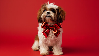 portrait of a dog wearing a gift bow