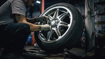 Auto mechanic working at auto repair shop. An auto repair shop repairs a car wheel, hands and cleats in the frame