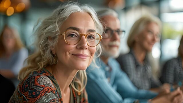A retirement planning workshop is in session as a group of seniors eagerly take notes and discuss strategies for decluttering and organizing their belongings.