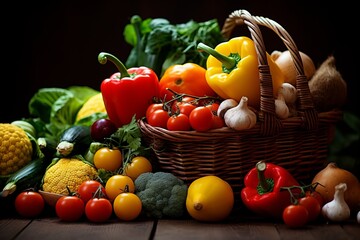 Colorful variety of freshly harvested vegetables arranged in a charming rustic woven basket