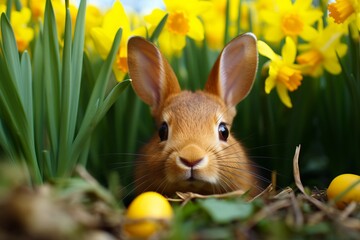 Easter bunny and pastel easter eggs with spring flowers in a festive spring celebration