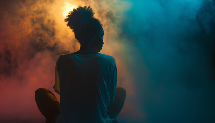 Contemplative Silhouette Against a Colorful Smoke Background