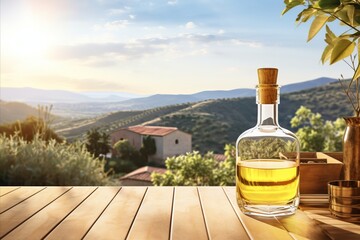 Organic sunflower oil bottle on rustic wooden table with serene nature background, copy space