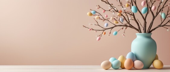 Tree branches decorated with Easter eggs in a vase