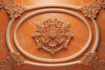 background, model of ceiling decoration with 3d wallpaper. decorative frame on orange marble luxurious background and mandala
