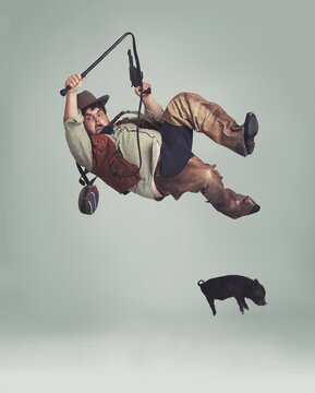 Cowboy, accident and man catching pig for texas culture in studio on gray background with space. Western, animal or noose and clumsy young person in costume with fail, mistake or oops for falling