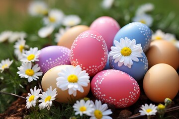 Fototapeta na wymiar Easter eggs and spring flowers