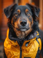 Dog wearing reflective vest on an evening walk, safety first.