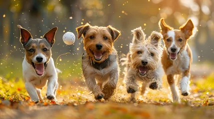 Gordijnen Dogs at the park, chasing flying discs and balls in an exciting fetch game action shot. © Fokasu Art