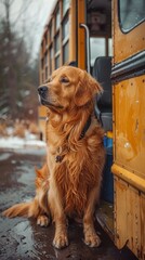 The loyal family dog waits patiently by the school bus, embodying loyalty and friendship.
