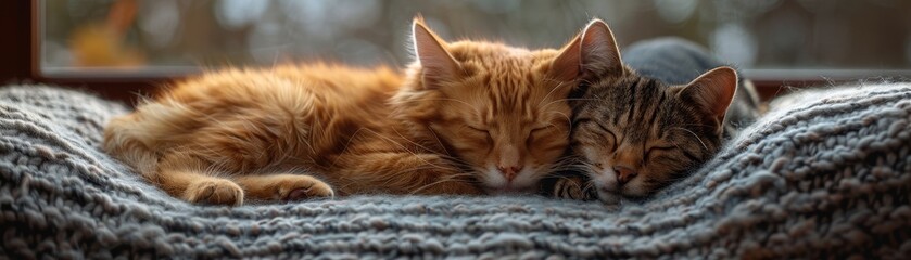 Naklejka premium Furry friends snuggling on a cozy pet bed, warmth and comfort.