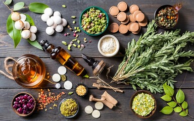 Fototapeta na wymiar Herbal medicine on wooden desk background