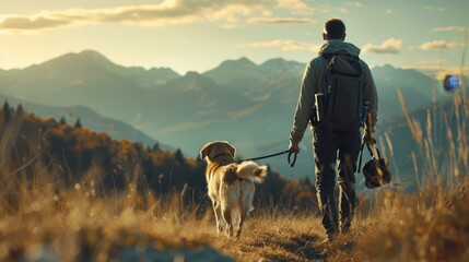 Mountain trekking with their dog, the owner embarks on an outdoor pet adventure. - obrazy, fototapety, plakaty