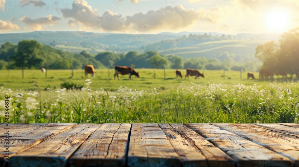 Sticker wooden table and nature. generative ai