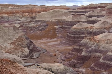 looking down on the blue mesa trail and petrified wood  in  the colorful blue mesa  badlands area...