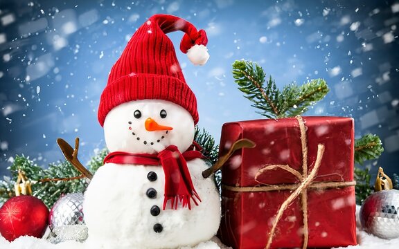 Snowman. Merry christmas and happy new year greeting card. Funny snowman in a hat on a snowy background