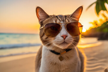 A cat wearing sunglasses and dressing for the upcoming summer on a blurred tropical beach background, sunset light