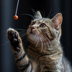 An active, playful cat is engrossed with its feather toy, showing pure engagement.