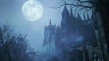 A mystical gothic castle towers into the night sky, backlit by a luminous full moon, with bare trees and mist adding to the eerie, yet majestic atmosphere. - obrazy, fototapety, plakaty