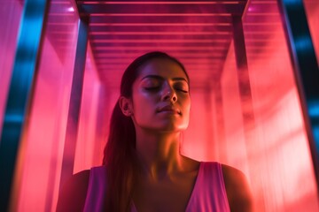 The relaxed demeanor of a 30-year-old Mexican woman during an Infrared Sauna Therapy session, embracing detoxification and stress relief