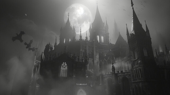 An imposing monochrome image of a gothic castle with sharp turrets under the bright full moon, flanked by silhouettes of flying bats in a misty atmosphere.
