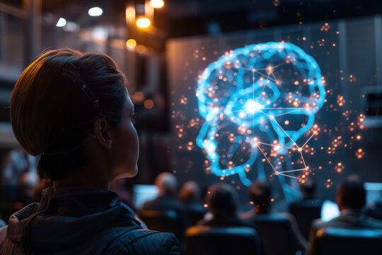 Engaged Audience at a Futuristic AI Brain Presentation.