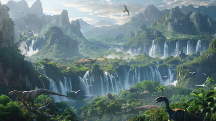 Tranquil prehistoric landscape featuring various dinosaurs roaming and flying amidst lush greenery...