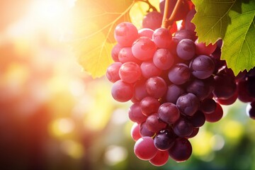 Vineyards featuring luscious ripe grapes glistening in the glorious warm sunlight. Copy space