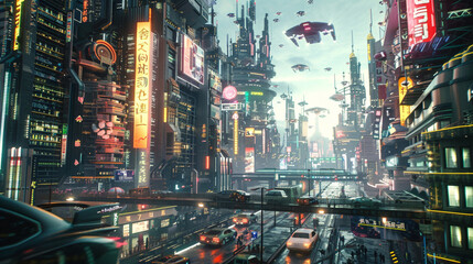 A bustling neon-lit cityscape in the future, with flying vehicles and towering skyscrapers under a twilight sky.