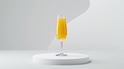 A glass of fresh orange juice on a podium on a white background. Yellow liquid in a glass glass.