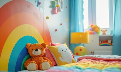 Cute child's room interior with beautiful rainbow painted on wall.Generative AI