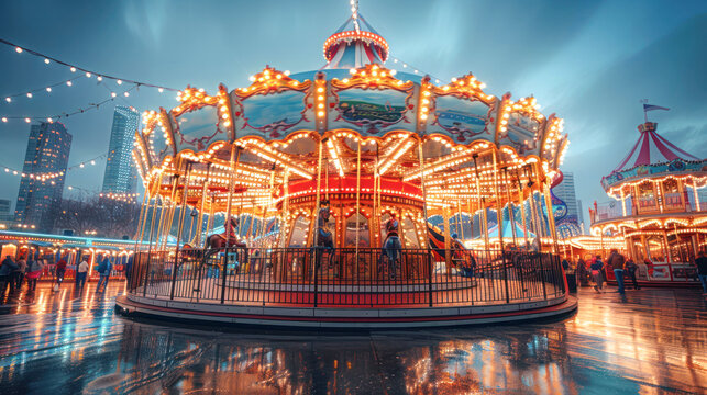 a swinging carousel fair ride in amusement park at sunset.Generative Ai
