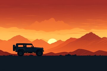 Fototapeta na wymiar Illustration of a lone off-road vehicle silhouette against a backdrop of towering mountains and a setting sun