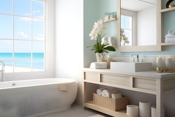 Coastal-inspired bathroom with seashell accents and light tones.
