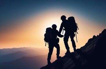 Help and assistance concept. Silhouettes of two people climbing on mountain and helping