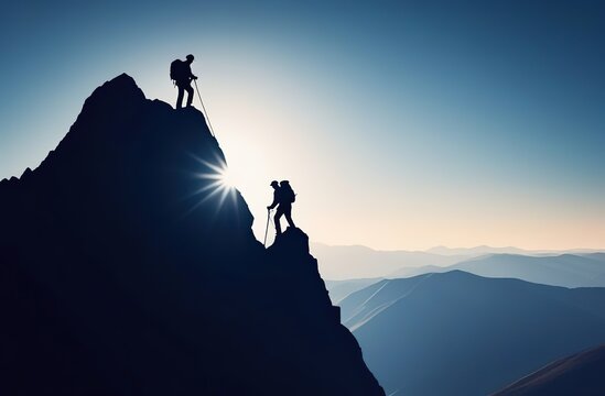 Help and assistance concept. Silhouettes of two people climbing on mountain and helping