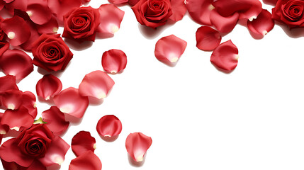 Red rose roses flower petals scattered flat lay composition top view on transparent background cutout, PNG file. Mockup template for artwork. Wallpaper banner