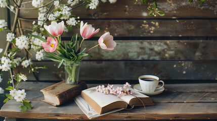 A vase filled with vibrant spring flowers sits next to an open book on a wooden table.