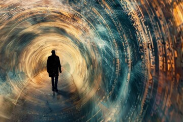 Person walking through a time tunnel formed by memories